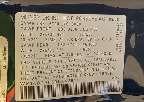 2009 Porsche Cayenne Gts z USA, uszkodzony, nr VIN WP1AD29P59LA62914